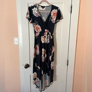 FORTUNE + IVY - Irene Faux Wrap Brushed Knit Navy Dress, Small